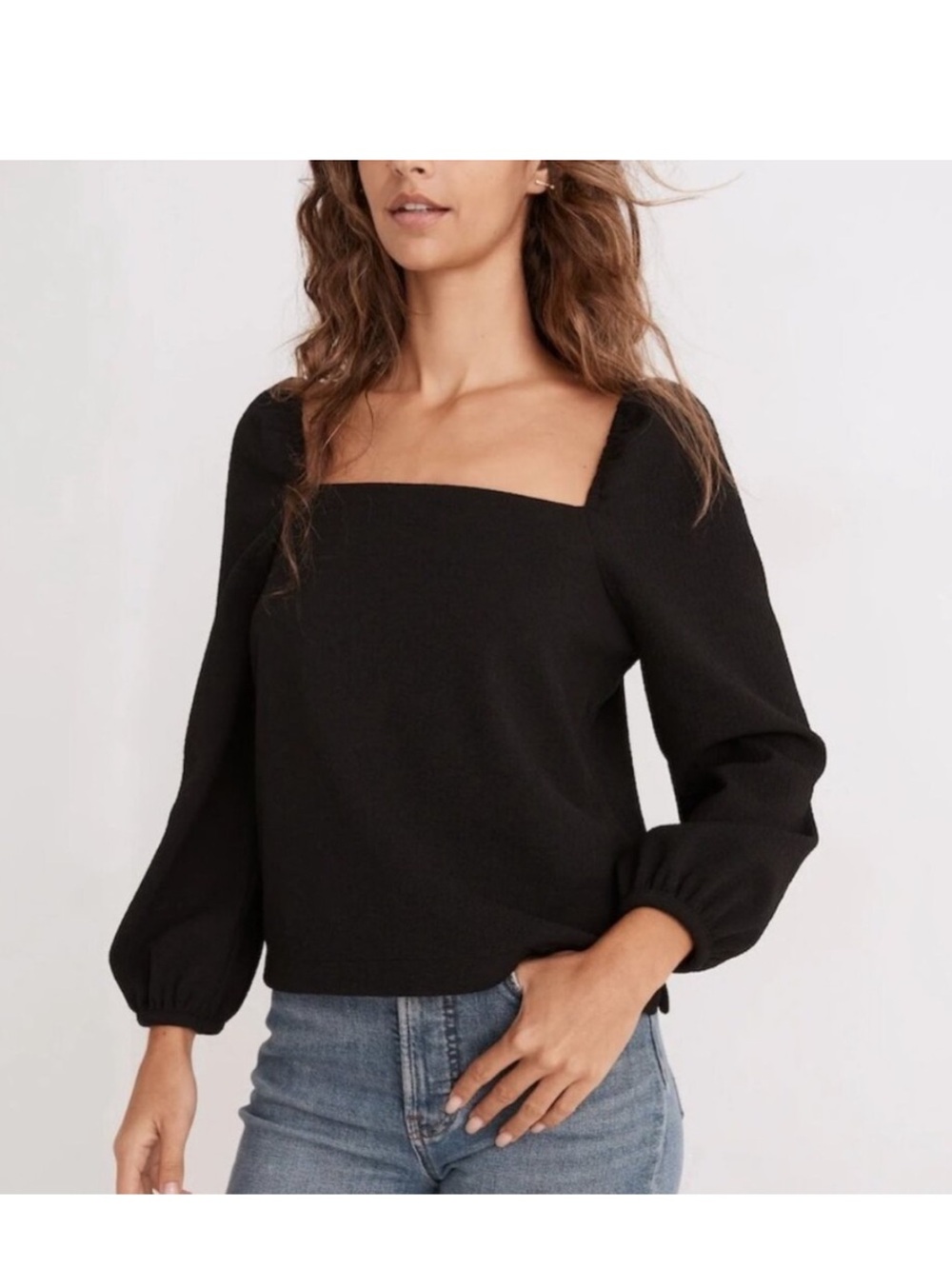 NWOT Madewell M Black Crepe Square-Neck Puff Sleeve Top Blouse